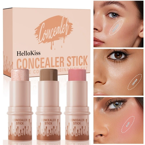 HelloKiss 3pcs Concealer Stick Set with Makeup Brush White Pink Black